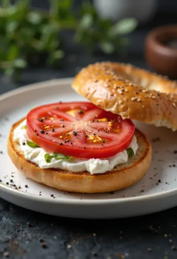 Bagel paradicsommal és krémsajttal, friss bazsalikommal díszítve
