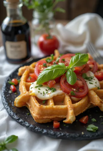 Caprese gofri paradicsommal, mozzarellával és szárított bazsalikommal
