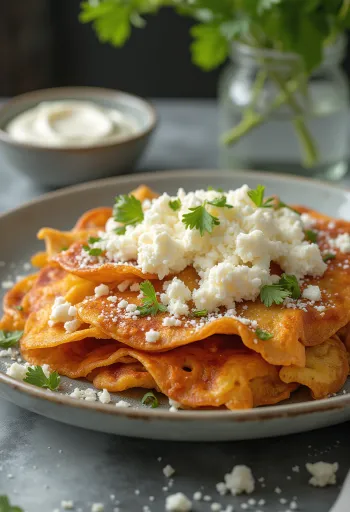 Chilaquiles con queso fresco – ropogós tortilla piros szósszal, friss sajttal és tejföllel tálalva