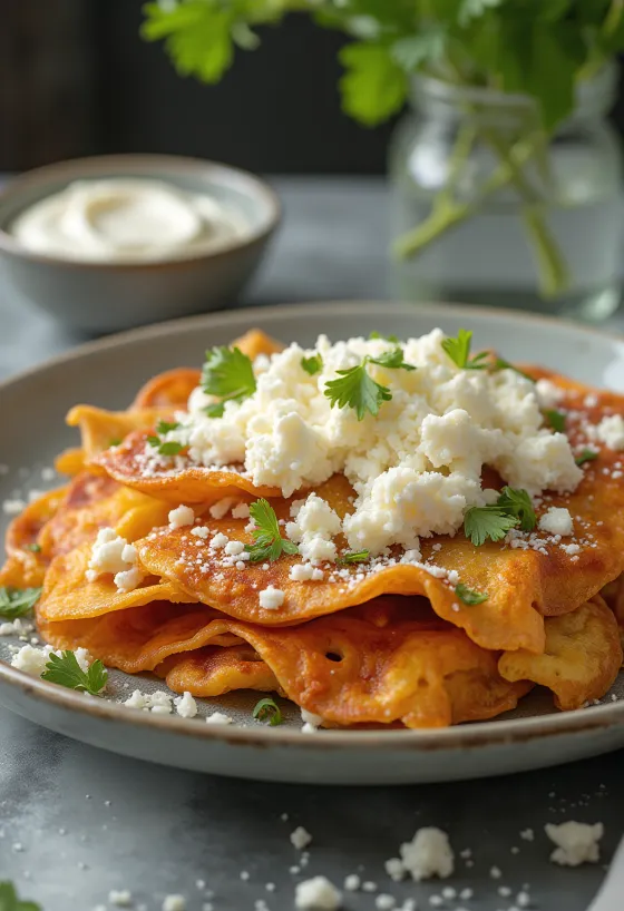 Chilaquiles con queso fresco – ropogós tortilla piros szósszal, friss sajttal és tejföllel tálalva