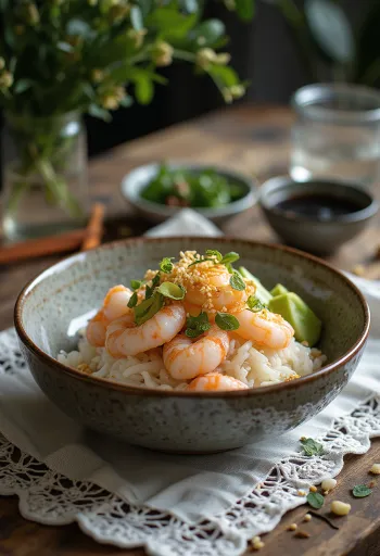 Chirashizushi garnélával, avokádóval és szezámmaggal tálalva