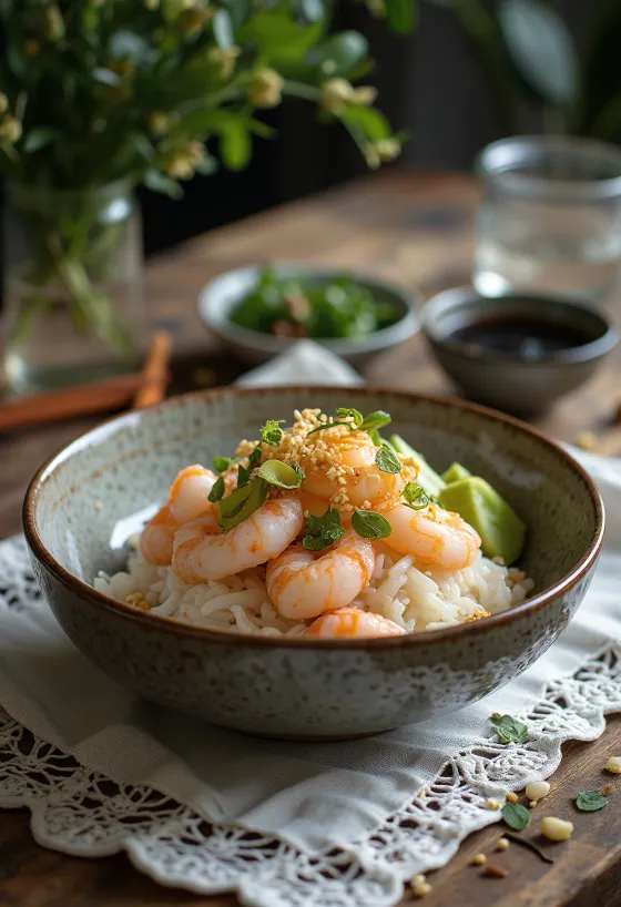 Chirashizushi garnélával, avokádóval és szezámmaggal tálalva