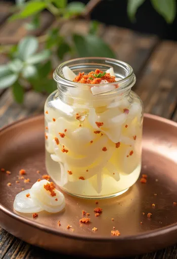 Daikon-zuke, friss ecetes retek szeletek tálalva egy fehér tányéron, díszítve korianderrel