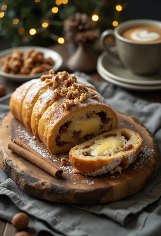 Fahéjas-diós Stollen szeletek tálalva