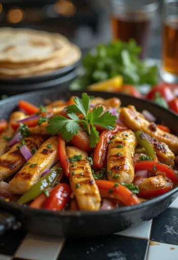 Fajitas csirkével és paprikával tálalva
