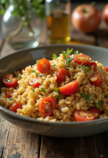 Farro paradicsommal és friss fűszernövényekkel tálalva