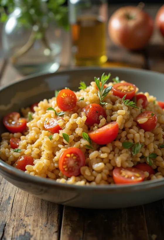 Farro paradicsommal és friss fűszernövényekkel tálalva