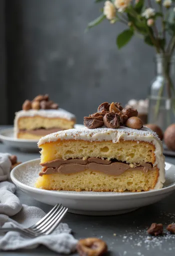 Gesztenyés torta szeletekre vágva, díszítve csokoládéval
