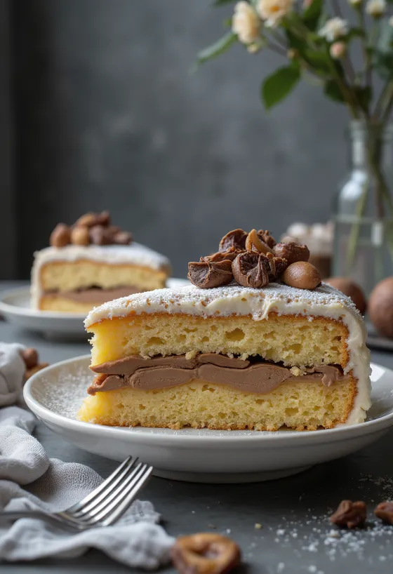 Gesztenyés torta szeletekre vágva, díszítve csokoládéval