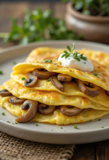 Gombás omlett tejföllel, egy serpenyőben tálalva