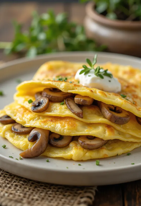 Gombás omlett tejföllel, egy serpenyőben tálalva