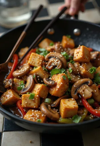 Gombás tofu wokban pirított zöldségekkel és szójaszósszal