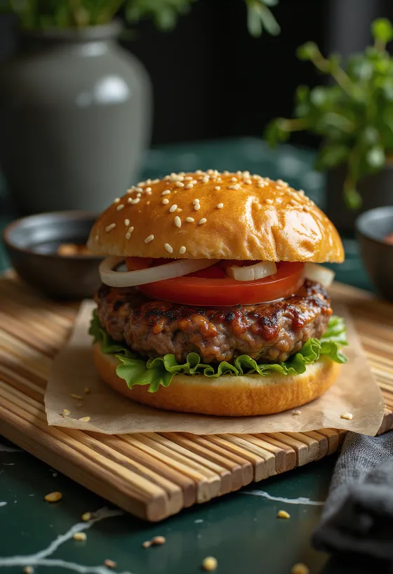 Gyömbéres Marha Burger tálalva