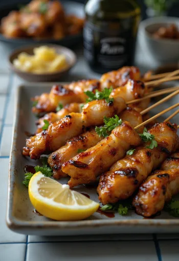Kawa yakitori csirke bőr pálcikán, szezámmaggal és friss zöldhagymával tálalva