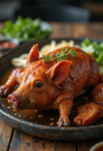 Lechon, ropogós bőrű sült malac tálalva