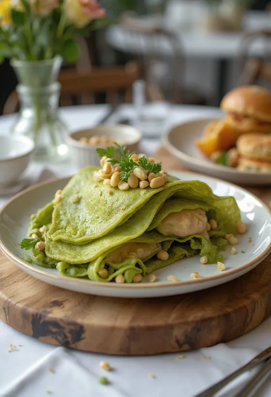 Martabak manis matcha porral, sűrített tejjel és földimogyoróval díszítve