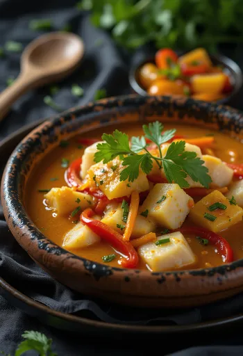 Moqueca paradicsommal, kókusztejjel és haldarabokkal tálalva, friss korianderrel