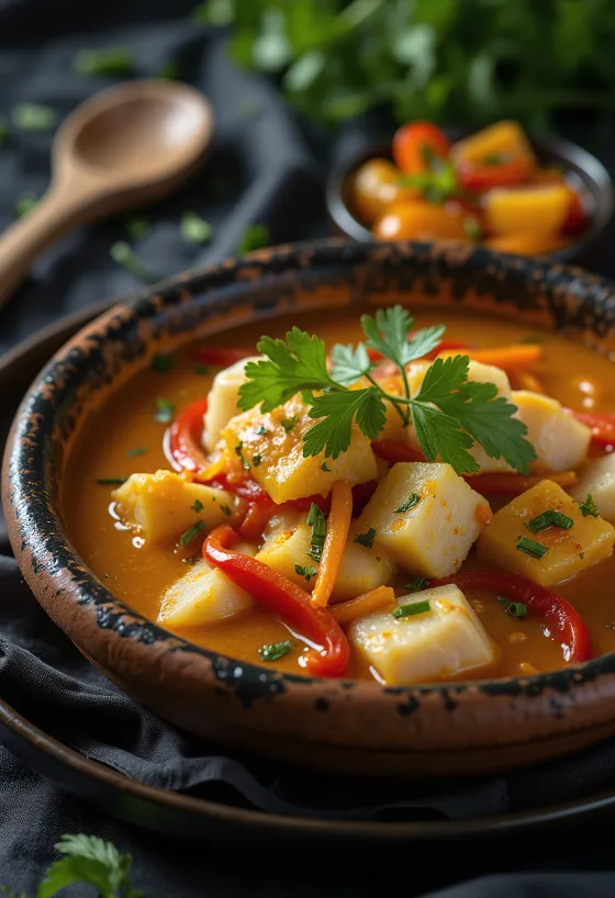 Moqueca paradicsommal, kókusztejjel és haldarabokkal tálalva, friss korianderrel