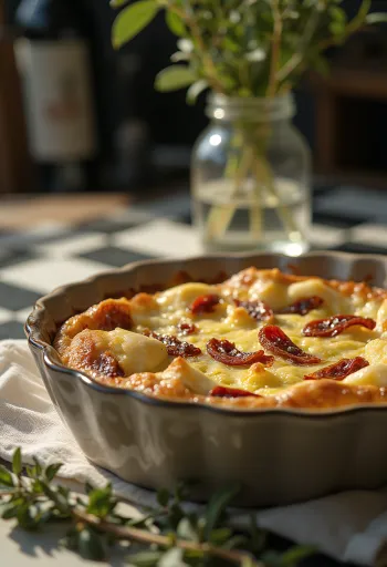 Mozzarellás és szárított paradicsomos quiche rusztikus tálalásban