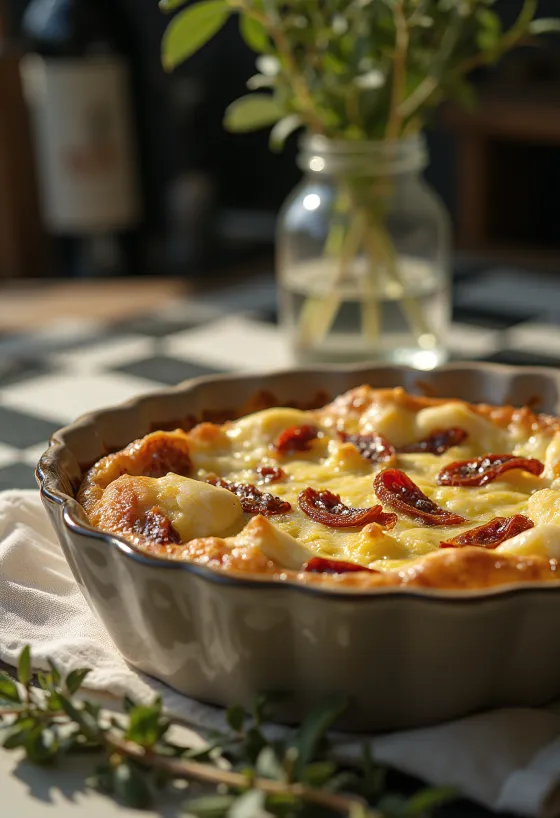Mozzarellás és szárított paradicsomos quiche rusztikus tálalásban