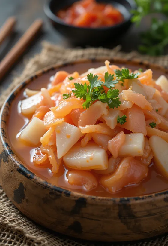 Nabak kimchi vizes, enyhén csípős kimchi, friss zöldségekkel és chili pelyhekkel