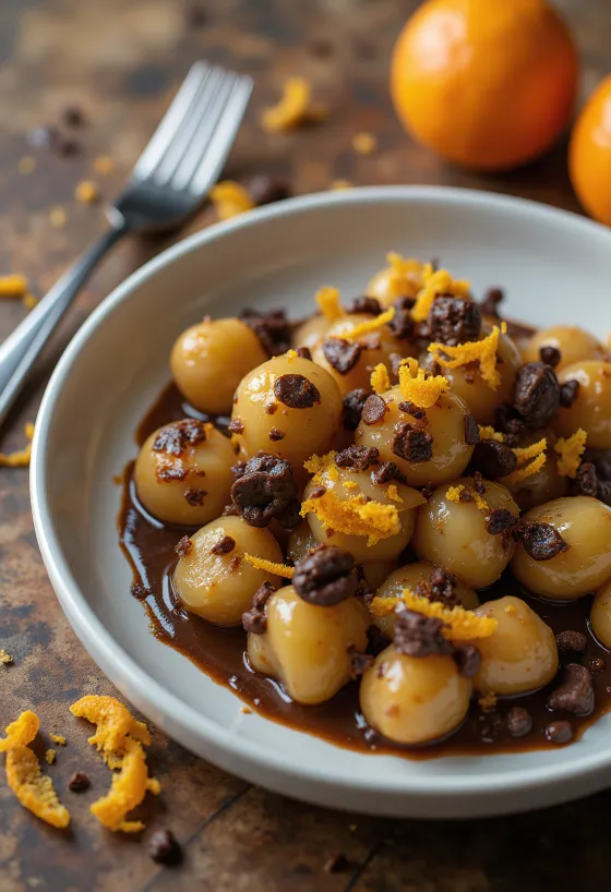 Narancsos és étcsokoládés gnocchi tálalva