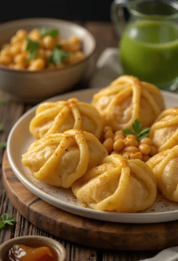Pani puri mungóbabos töltelékkel, indiai étel tamarind szósszal és menta levelekkel