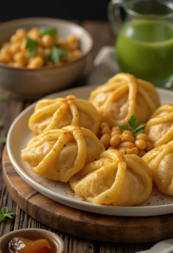 Pani puri mungóbabos töltelékkel, indiai étel tamarind szósszal és menta levelekkel