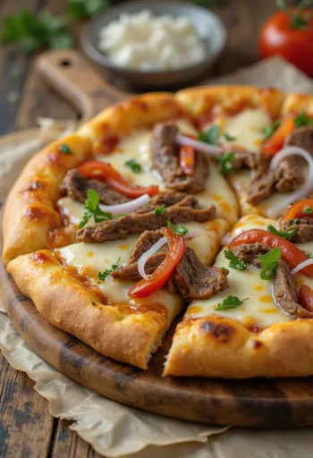Philly cheesesteak pizza steak szeletekkel és paprikával