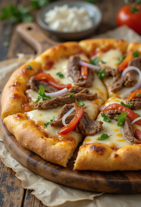 Philly cheesesteak pizza steak szeletekkel és paprikával
