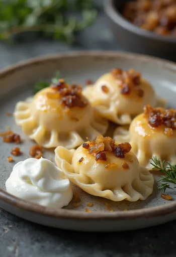 Pierogi burgonyával, burgonyás töltelékkel és pirított hagymával tálalva