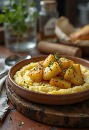 Polenta sült burgonyával, tálalva krémes kukoricadarával és ropogós krumplikockákkal