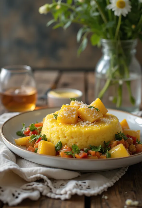 Polenta sült padlizsánnal, friss bazsalikommal díszítve