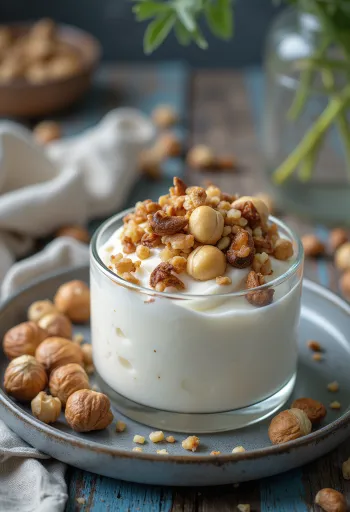 Probiotikus pörkölt mogyorós joghurt tálkákban, durvára vágott magvakkal megszórva