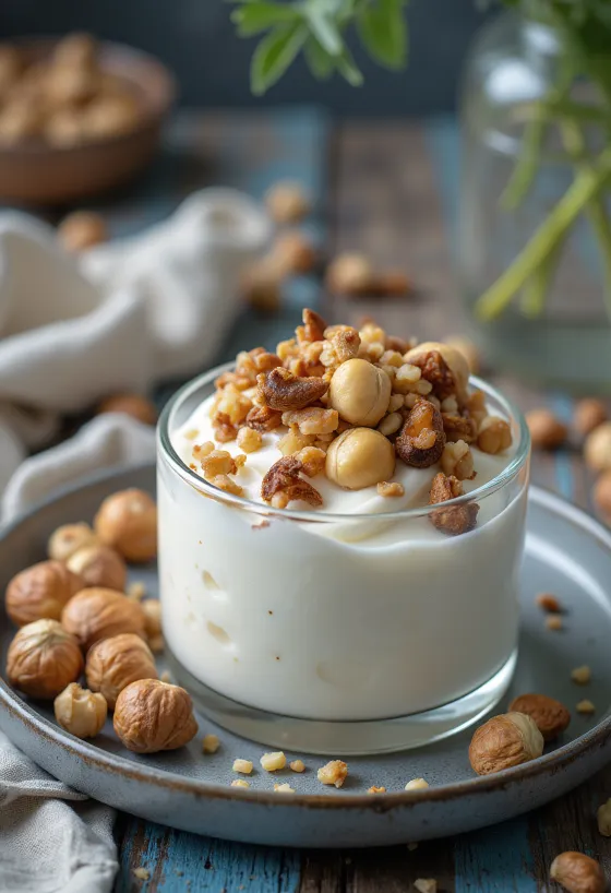 Probiotikus pörkölt mogyorós joghurt tálkákban, durvára vágott magvakkal megszórva