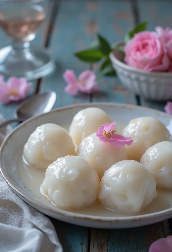 Rózsavizes Rasgulla, rózsavizes szirupban úszó túrós golyókkal
