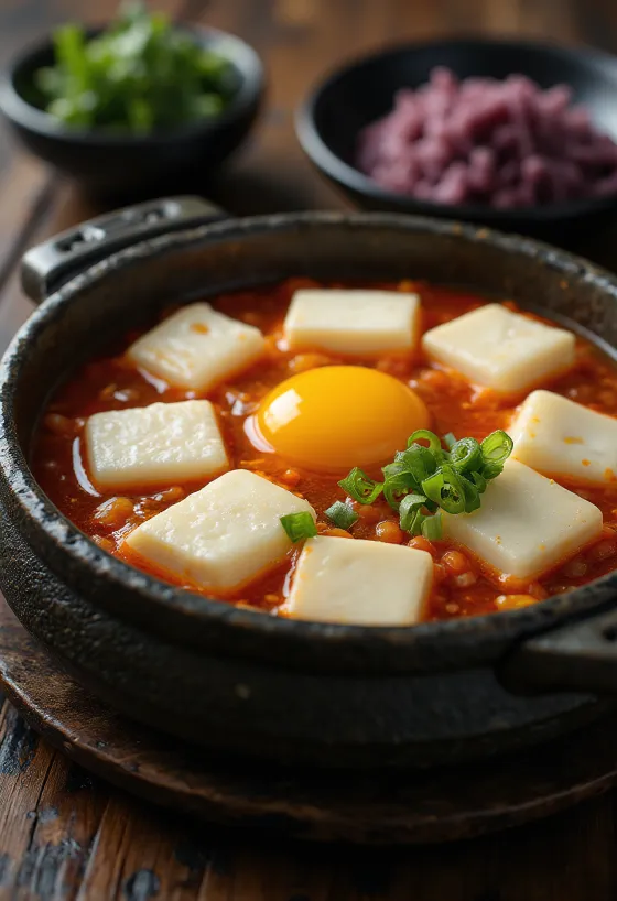 Sundubu Jjigae tálalva egy mély tálban, friss zöldhagymával és tojással