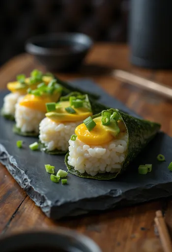 Temaki tamagoyakival, tálalva friss zöldségekkel