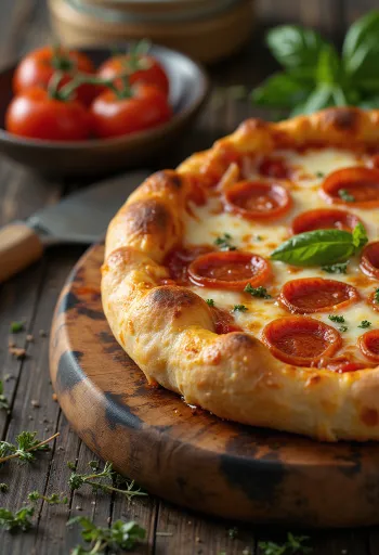 Töltött szélű Pepperoni pizza tálalva