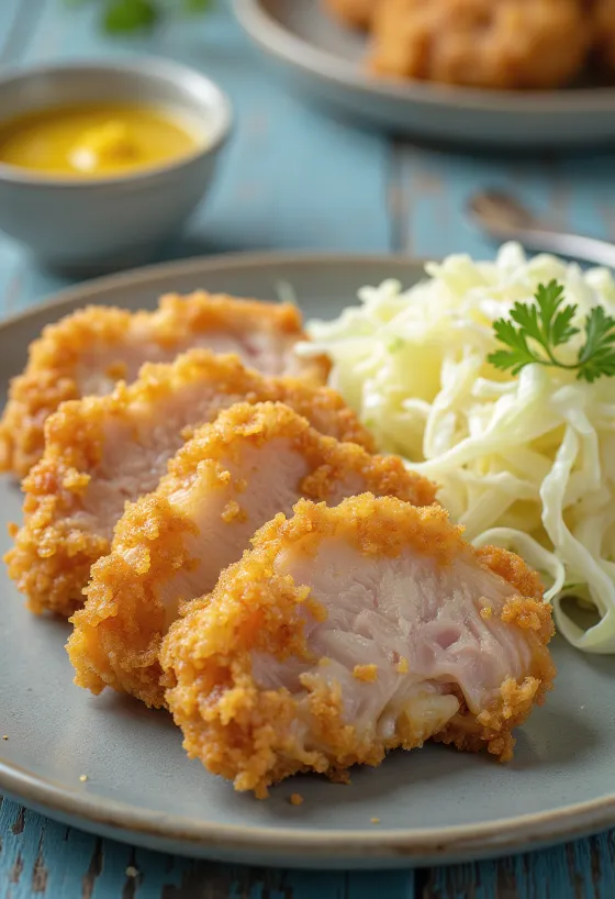 Tonkatsu tál mustár pulykacombokkal és friss káposztával tálalva