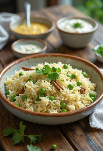 Zöldborsó Pulao, fűszeres rizs és friss korianderrel tálalva