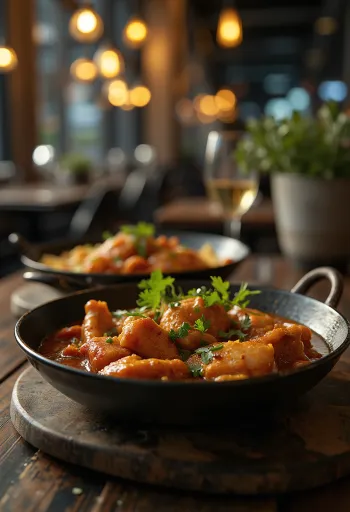 Adobo tandoori fűszeres csirkehús tálalva, friss korianderrel