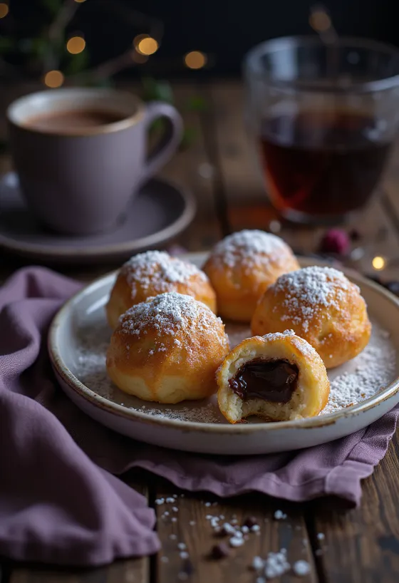 Frissen sült æbleskiver csokoládékrémmel és porcukorral tálalva