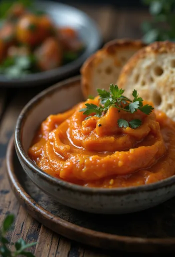 Ajvar cukorral tálalva, friss kenyérrel