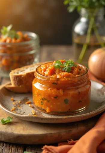 Ajvar fokhagymával, gazdag szósz piros paprikával és padlizsánnal