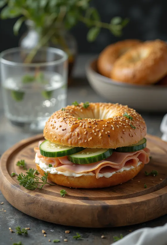 Bagel pulykasonkával és krémsajttal, friss petrezselyemmel díszítve