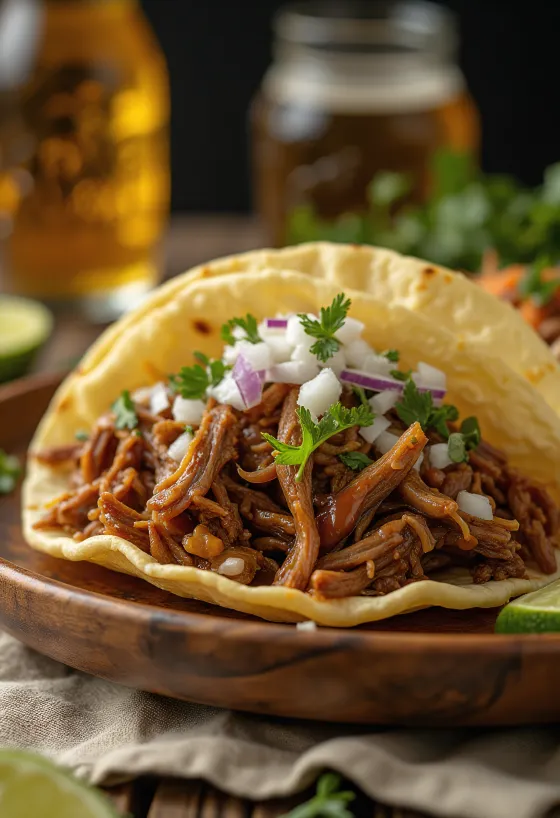 Barbacoa tálalva tortillával és lime-szeletekkel