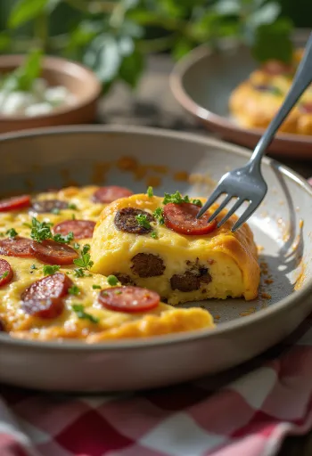 Black Pudding Frittata kolbásszal, pirított kolbásszal és tojással tálalva