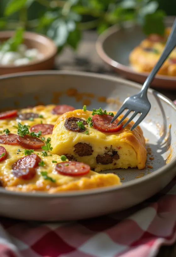 Black Pudding Frittata kolbásszal, pirított kolbásszal és tojással tálalva