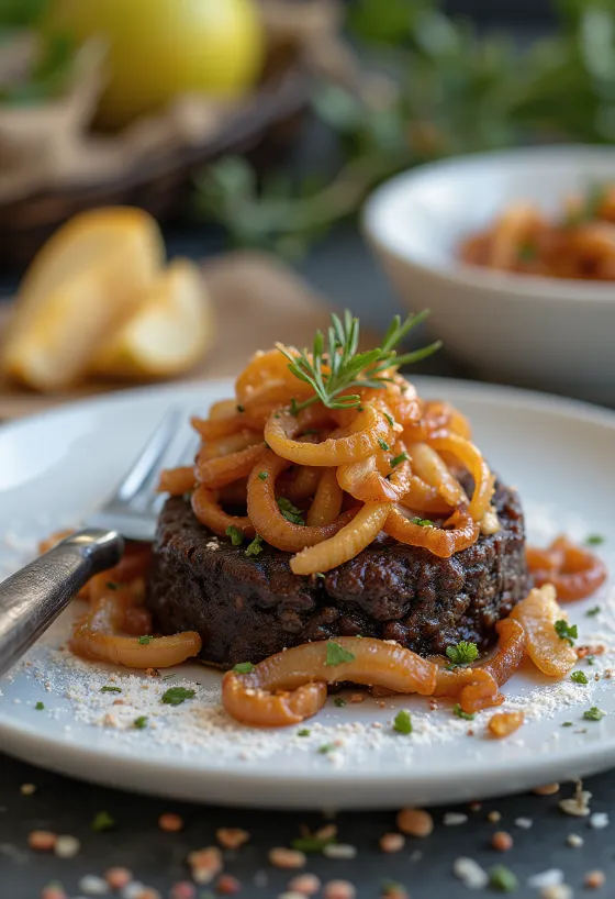 Black pudding sült almával és karamellizált hagymával tálalva